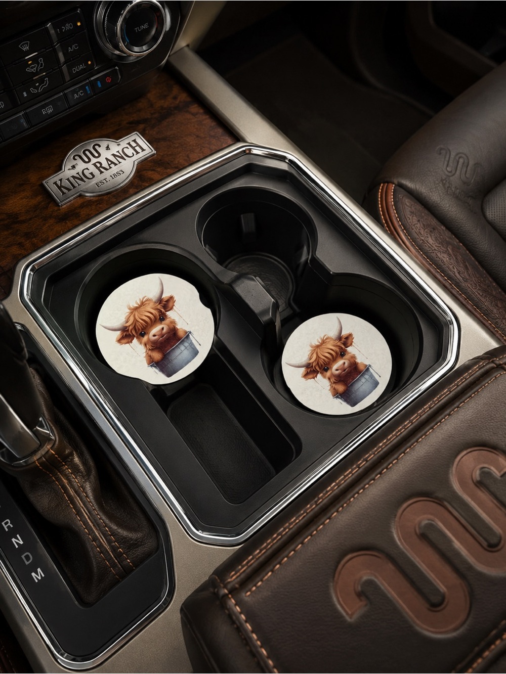 Highland Cow Car Coaster Set - Beige Round Cup Holder Inserts (Pair)